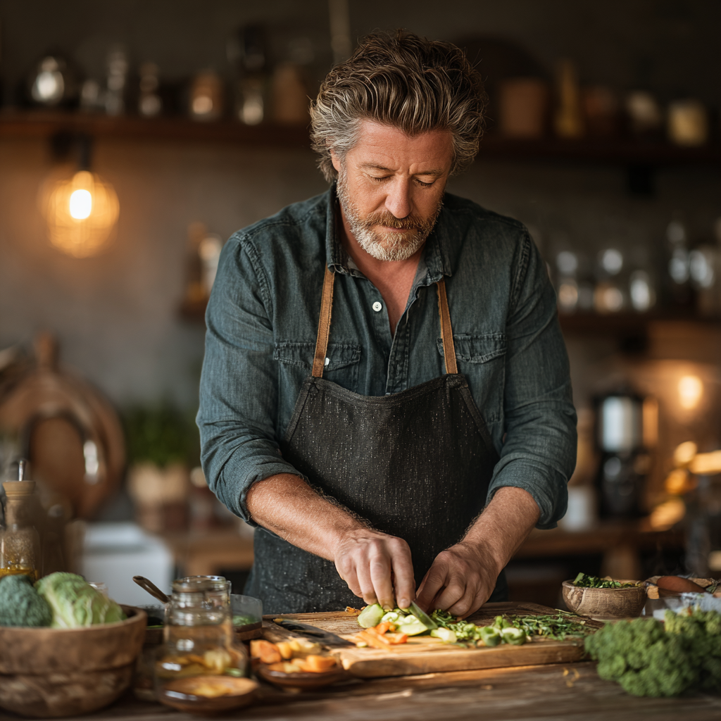 Confident middle-aged man in his early 50s with salt-and-pepper hair cooking in a modern kitchen, chopping fresh vegetables on a wooden cutting board, wearing a casual button-up shirt and apron, with natural lighting highlighting his focused expression